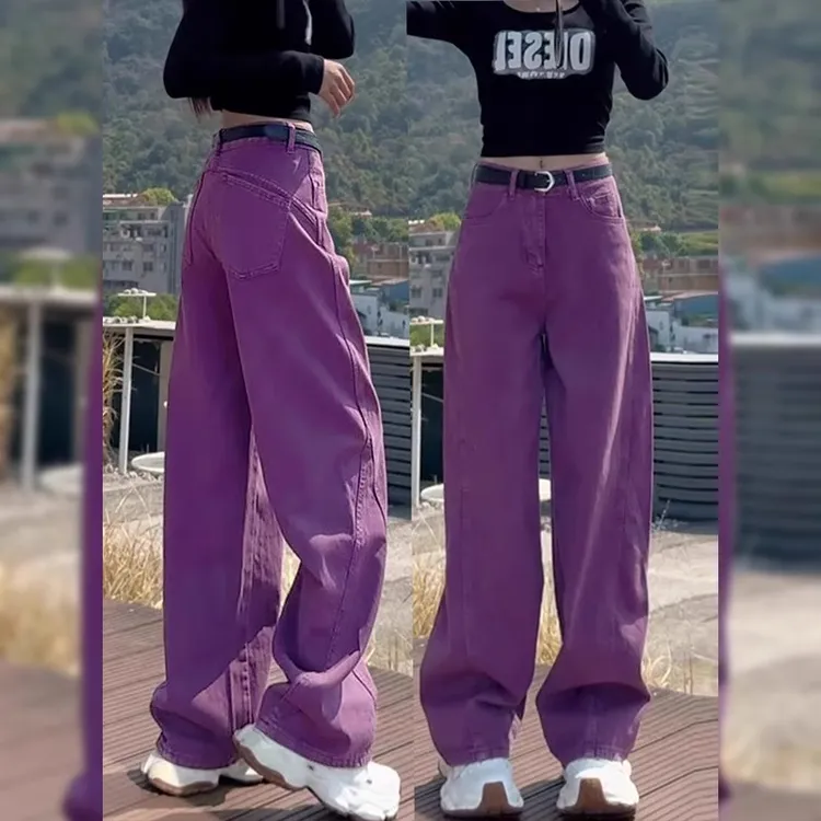 欧洲站葡萄紫色镰刀弯刀牛仔裤女2025秋季爆款大码胖mm阔腿香蕉裤
