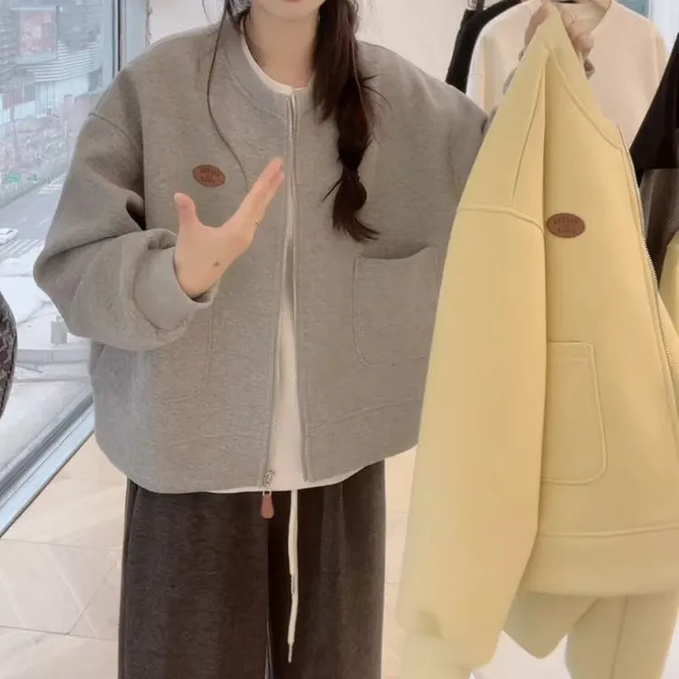 大码女装秋装新款2025年韩版气质休闲圆领长袖开衫拉链卫衣外套潮