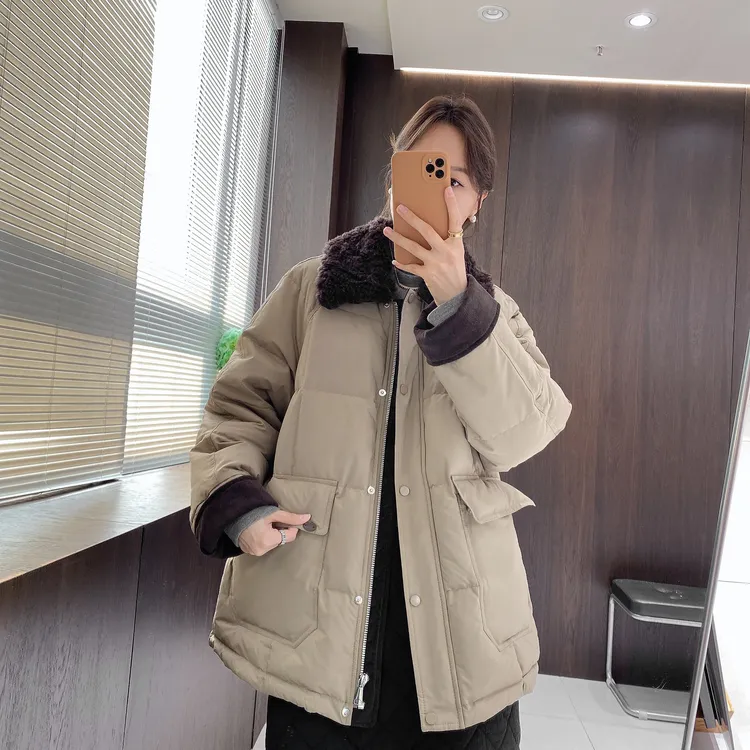 IMFLY金小金自制女装 90鸭绒羽绒服DYW10206秋冬毛领拼接派克服