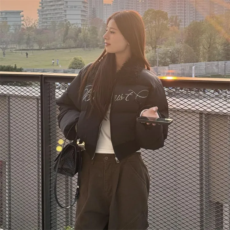 冬季新款字母毛领短款棉服外套女厚实保暖不臃肿小个子适用