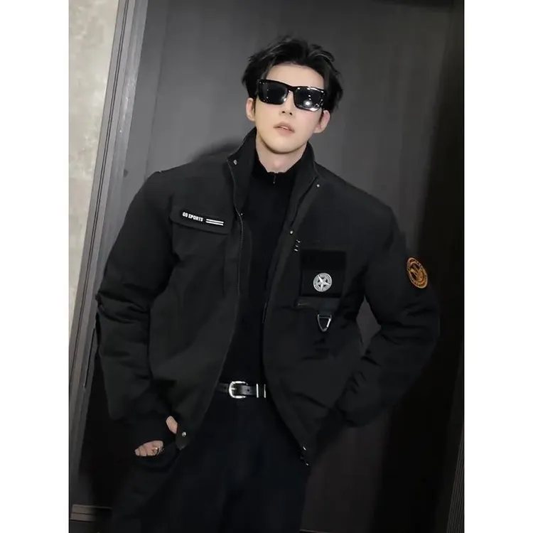 痞帅高级感黑色立领短款骑兵服棉衣男士冬季工装外套加厚保暖棉衣