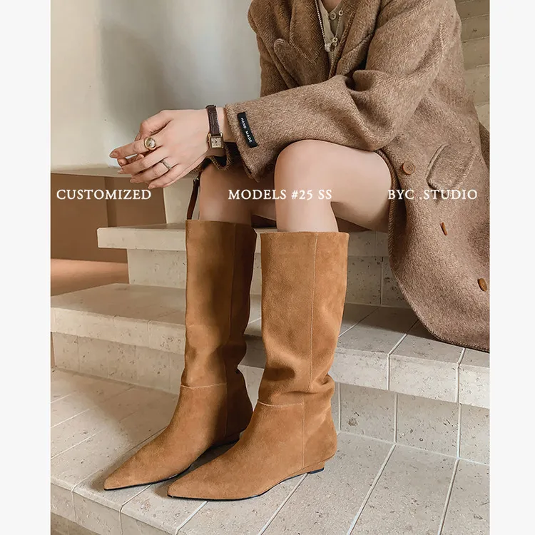 显腿长时髦精~25韩版尖头复古磨砂褶皱堆堆靴慵懒风小破跟长靴