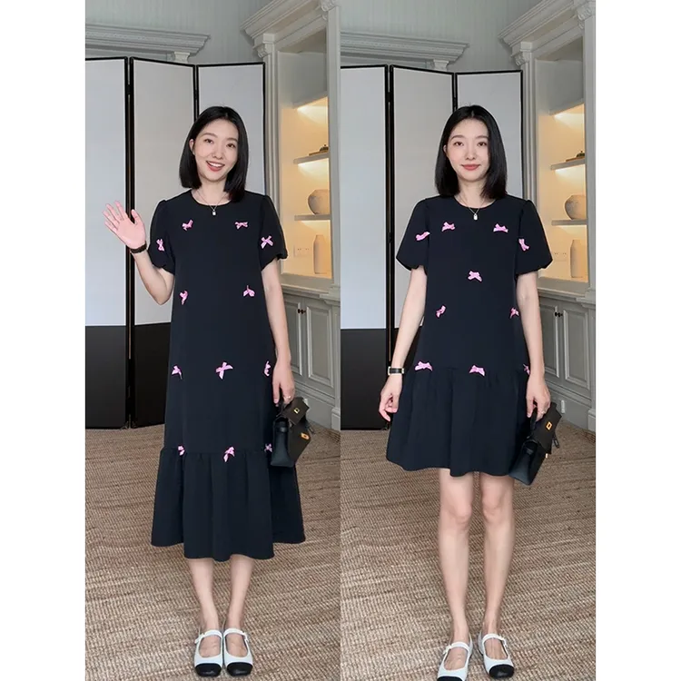 郭九九呢 甜美显瘦泡泡袖西装立体粉蝴蝶结宽松连衣裙 G924Q05583