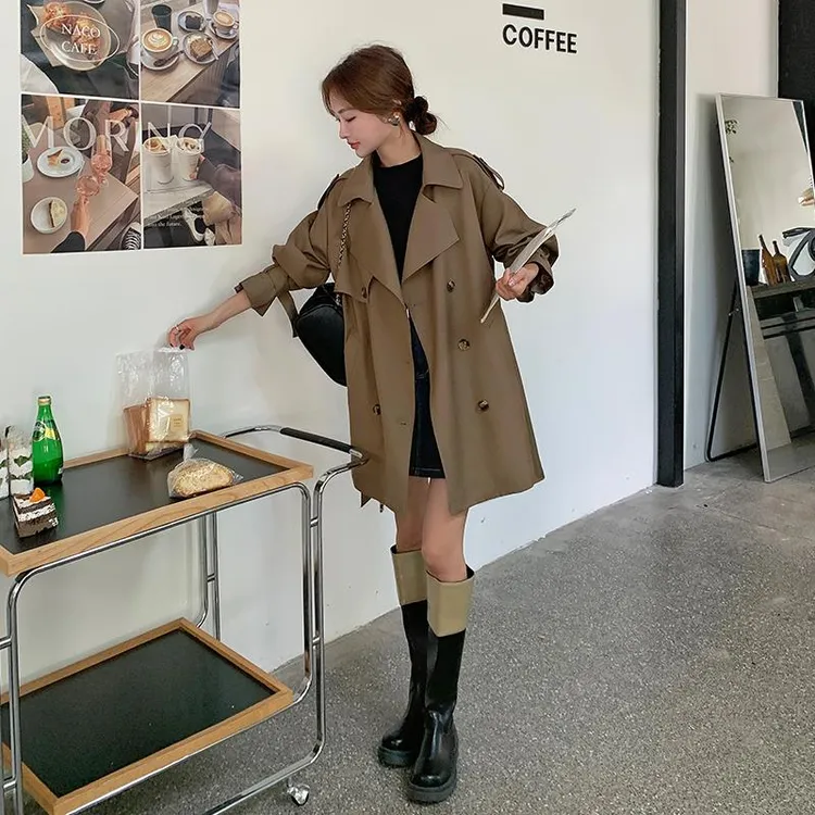 法式卡其色风衣外套女2025秋新款双排扣小个子设计感宽松休闲大衣