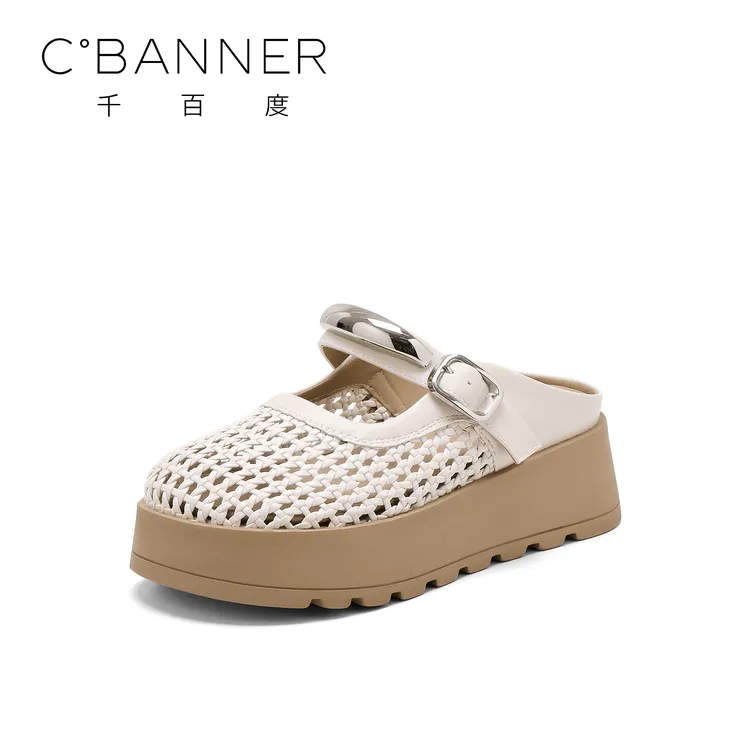 C.BANNER/千百度复古包头半拖鞋女2025夏季新款厚底镂空勃肯拖鞋