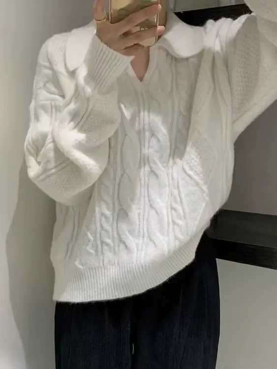 慵懒风毛针织衫翻领女网红山羊绒衫保暖软糯宽松加厚毛衣打底衫女