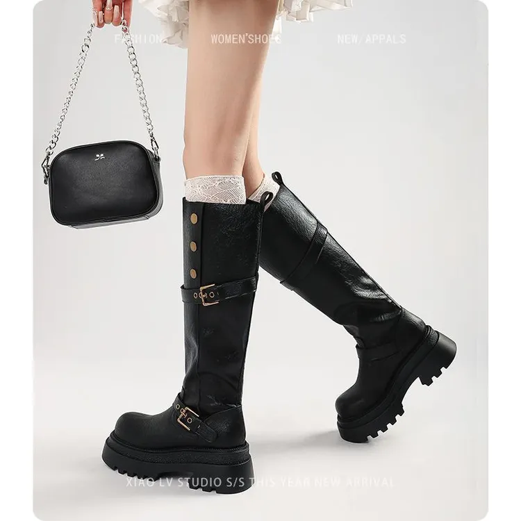 B大码长筒靴女2025新款厚底长靴粗腿骑士靴大筒围高筒大码女靴子