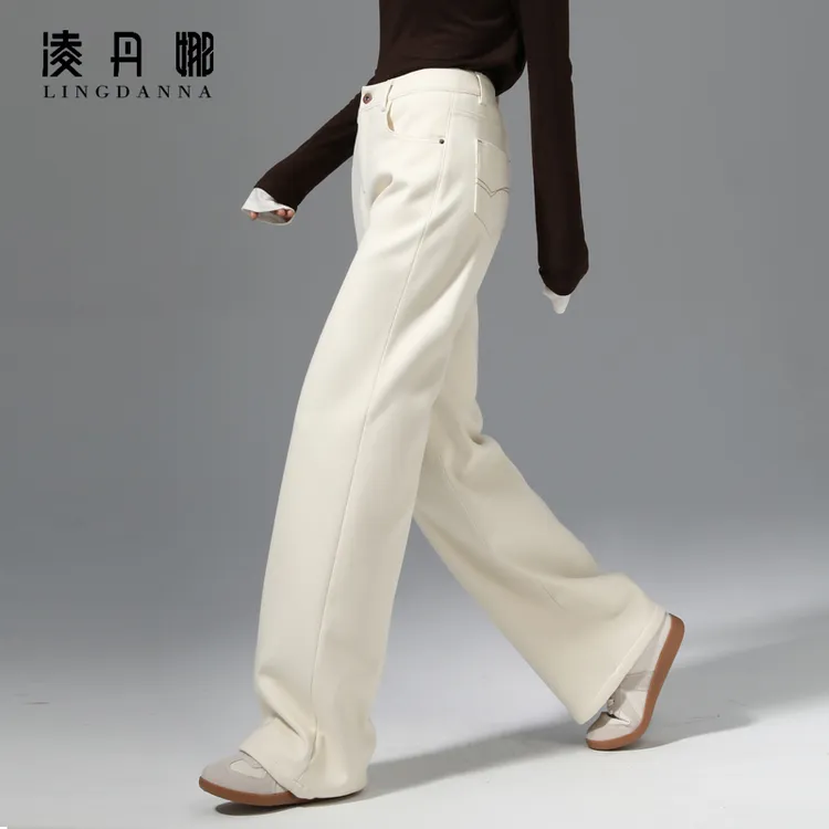 高腰加绒直筒牛仔裤女秋冬新款大码裤子显瘦拖地裤休闲窄版阔腿裤
