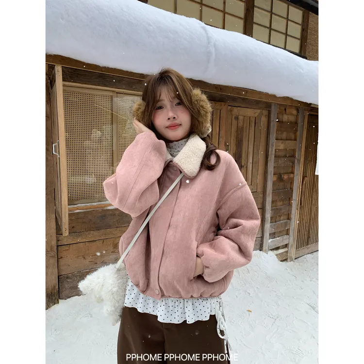 薄荷奶绿 韩系皮毛一体百搭翻领羊羔毛拼接鹿皮短外套