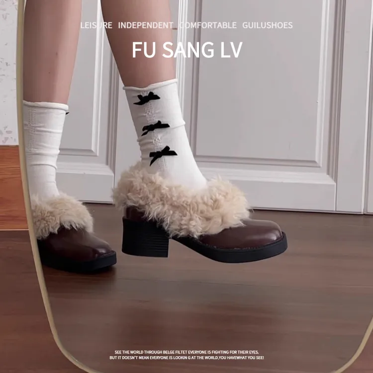 羊皮版~2025新款秋冬季复古气质加绒毛毛方头浅口一脚蹬粗跟单鞋