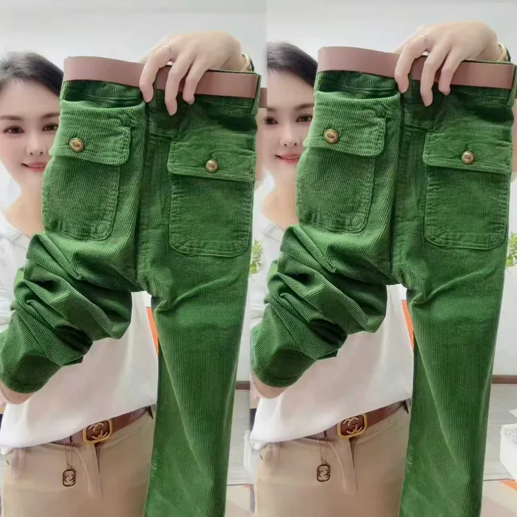秋冬新款条绒裤子女时尚休闲百搭绿色高腰哈伦裤工装小脚直筒长裤