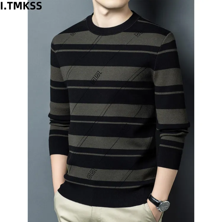 2026新款男士圆领条纹内搭针织衫秋冬季薄款保暖打底衫纺织毛衣男