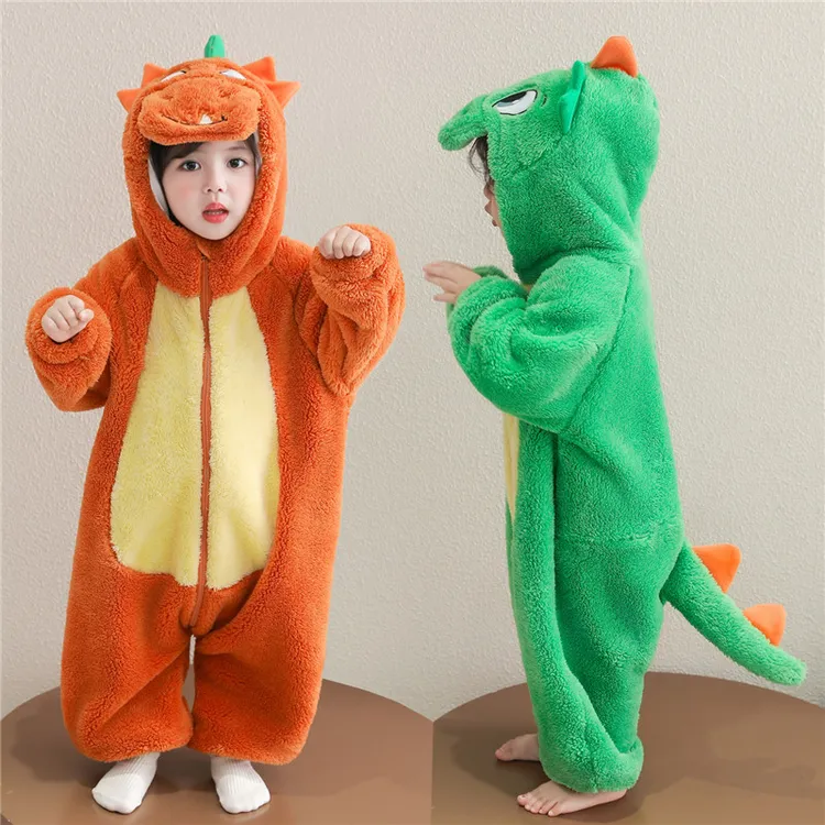 儿童连体睡衣新款秋冬男女童恐龙珊瑚绒家居服喷火龙款法兰绒睡袋