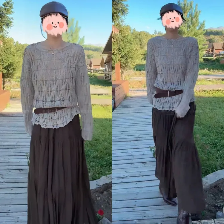 2025早秋新款纯欲松弛感镂空性感针织衫长袖高腰舒适半身裙套装女