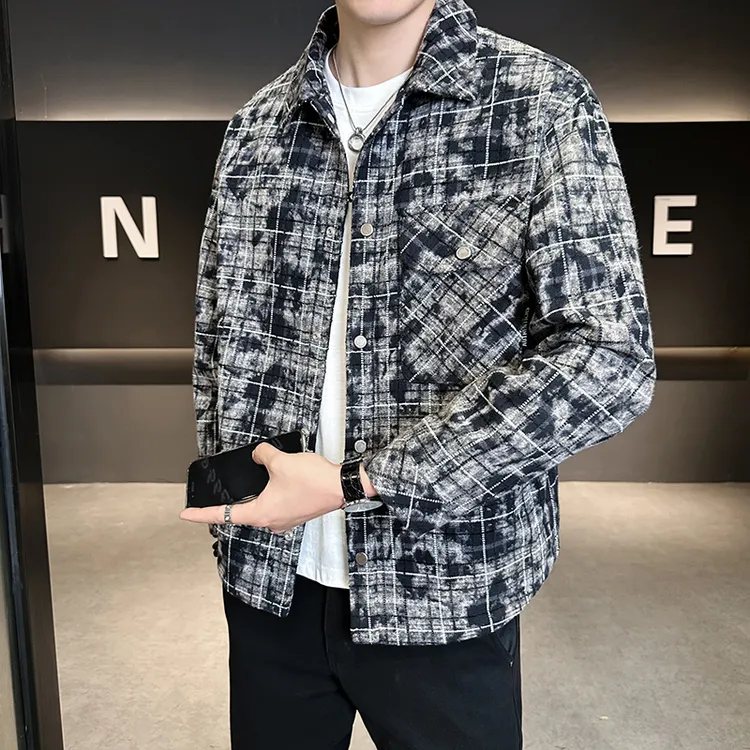 男士翻领外套春秋季2025新款潮牌高级感痞帅百搭工装格子夹克上衣