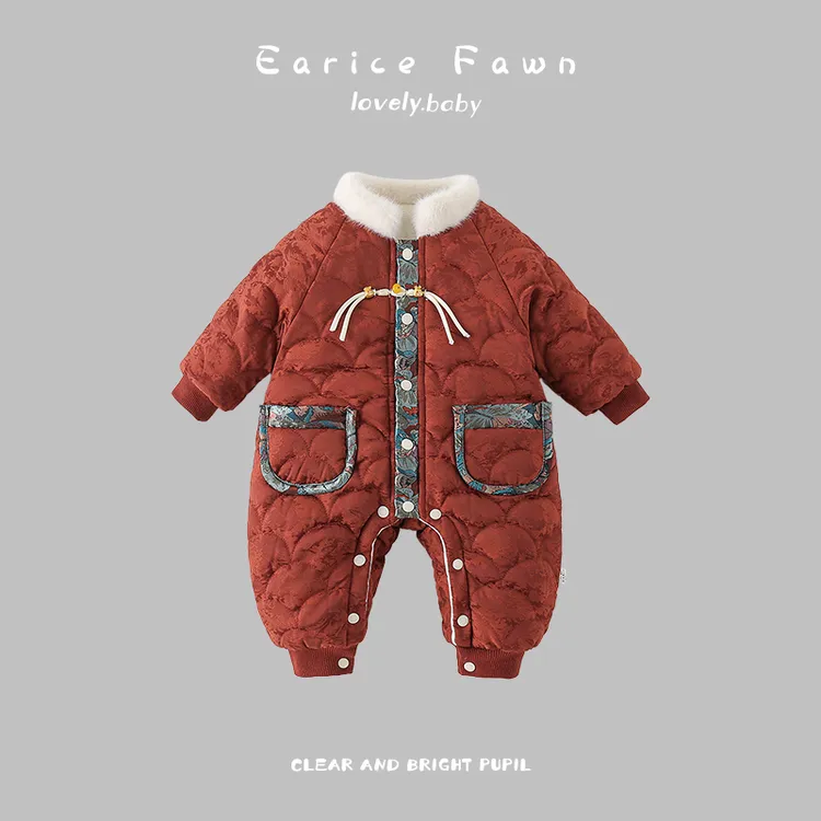 YM婴儿衣服冬装男女宝宝加绒加棉哈衣超洋气国风连体衣外穿加厚棉