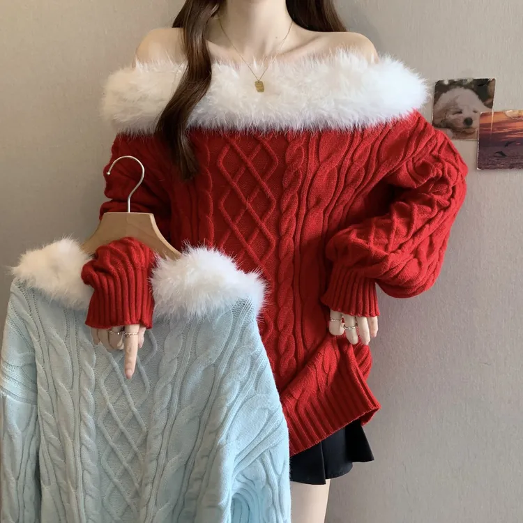 巨好看圣诞新年红色毛领网红温柔风一字肩毛衣女秋冬新款针织上衣