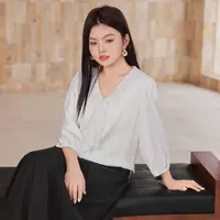 【秋上新-气质系带V领缎面衬衫】MsShe大码女装欧根纱显瘦C2508031