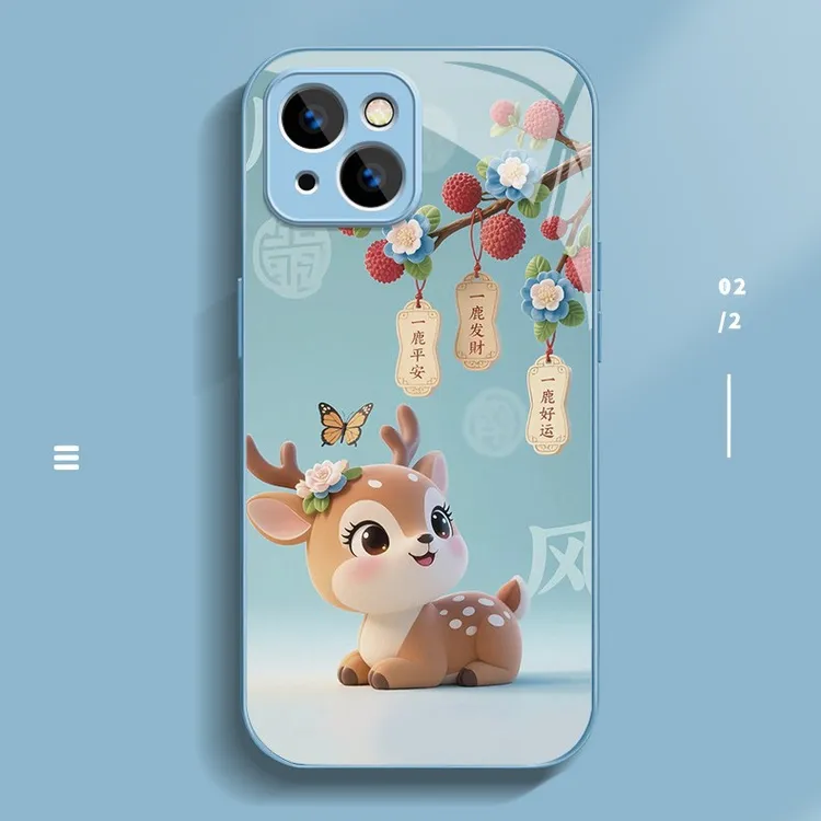 一鹿发财适用苹果16promax手机壳iPhone15新款14卡通13国潮玻璃壳