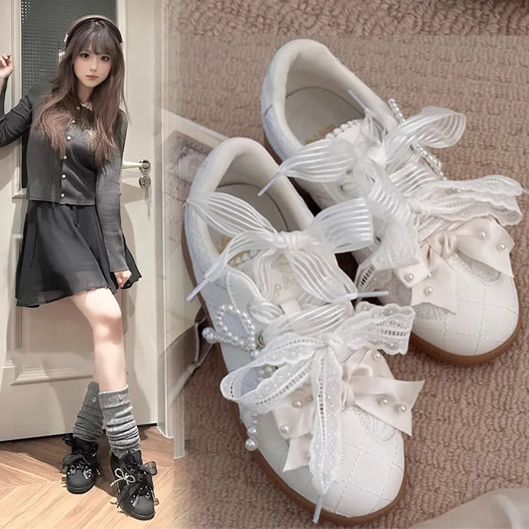 厚底蕾丝复古风德训鞋女2025新款夏季珍珠蝴蝶结增高休闲运动板鞋