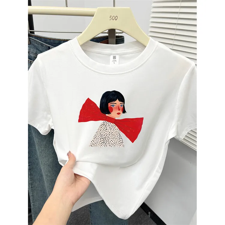 夏季时尚蝴蝶结女孩印花正肩短袖t恤胖mm大码200斤女装显瘦上衣