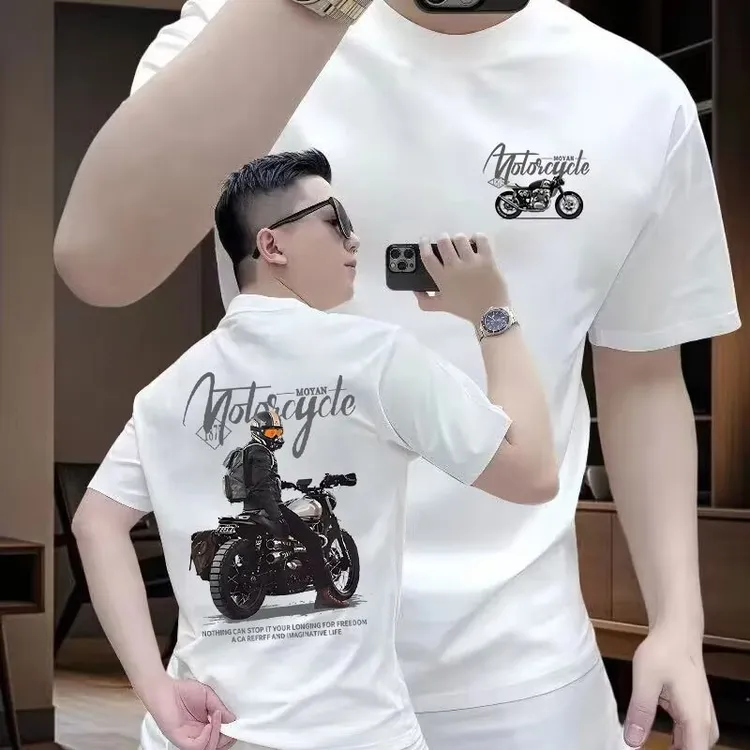 2025新款潮牌纯棉T恤男街头机车摩托车图案圆领时尚百搭休闲t恤
