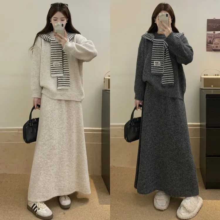 大码胖mm韩系秋冬宽松慵懒条纹连帽披肩配针织毛衣+半身裙三件套