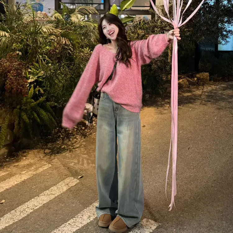 大码女装韩版时尚显瘦牛仔阔腿裤高级感秋冬新款宽松慵懒风毛衣