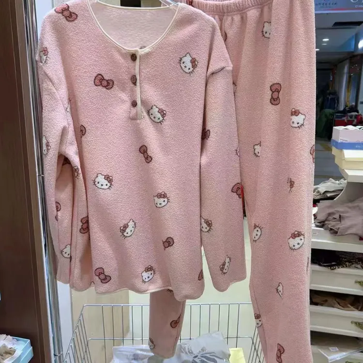秋冬珊瑚新款云舒绒保暖睡衣大码甜美女印花家居服套装韩版暖加绒