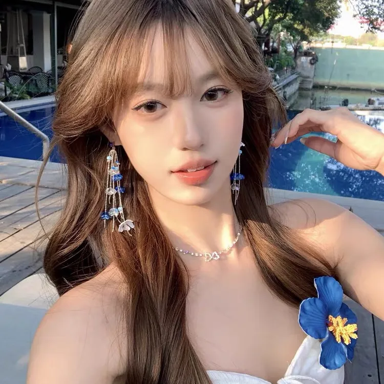 铜合金亚克力耳饰 海滨假日长款蓝色花朵流苏耳环出游度假风耳饰