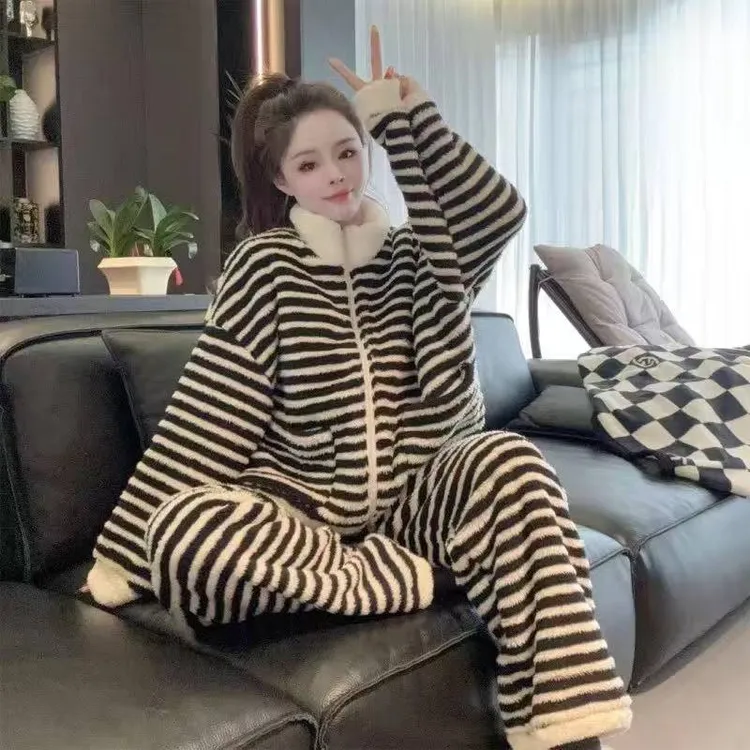 【网红爆款】洋气条纹家居服套装宽松加厚冬季长袖保暖套装休闲立领