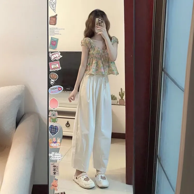 夏季网红盐系穿搭轻熟风甜美温柔小个子碎花上衣阔腿裤两件套装女