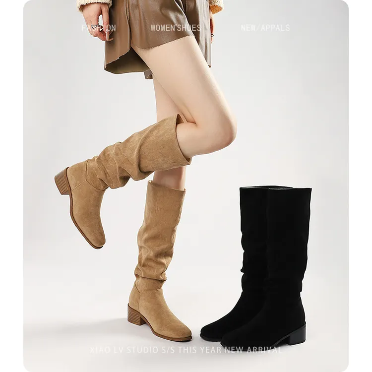 褶皱堆堆靴女胖mm大筒围长筒靴女粗腿厚底骑士靴大码长靴子41到43