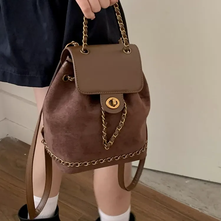 美拉德复古麂皮绒迷你双肩包包女潮时尚小香风链条背包水桶包