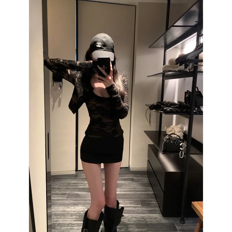 短款长袖开衫上衣+内搭吊带背心两件套性感蕾丝纯欲套装女冬01772