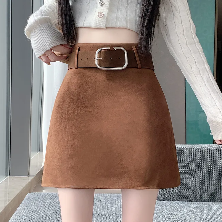 美式辣妹麂皮绒半身裙女2025秋冬季新款小个子高腰显瘦A字包臀裙