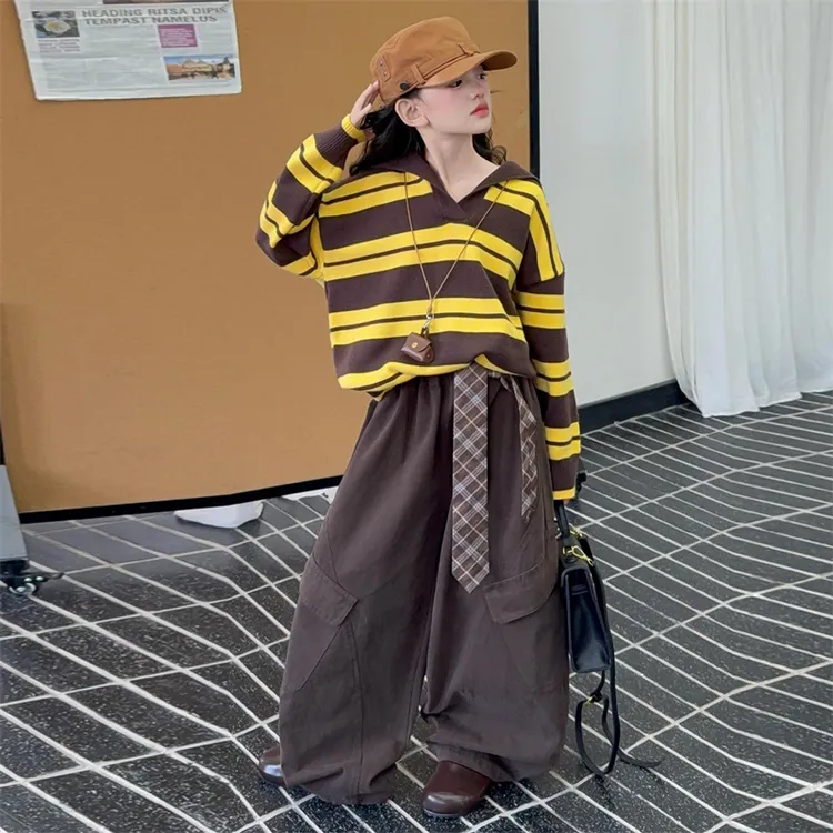 女童撞色条纹连帽长袖毛衣针织套装秋装2025新款女孩慵懒风穿搭潮