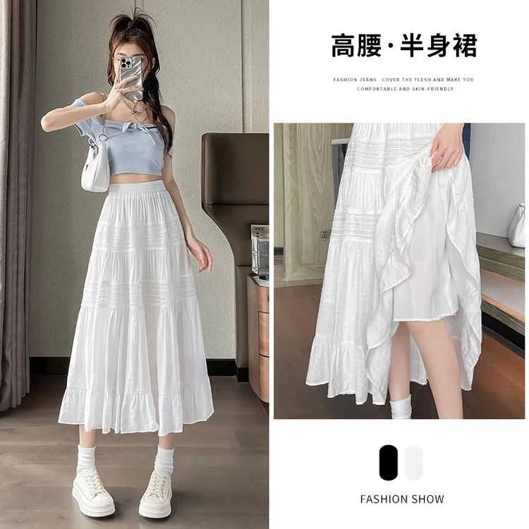 2025夏季白色蕾丝半身裙梨形身材新款拼接时尚小个子百搭中长裙子