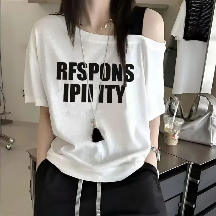 夏季露肩短袖T恤女时尚字母印花设计感落肩袖半袖宽松显瘦上衣t恤