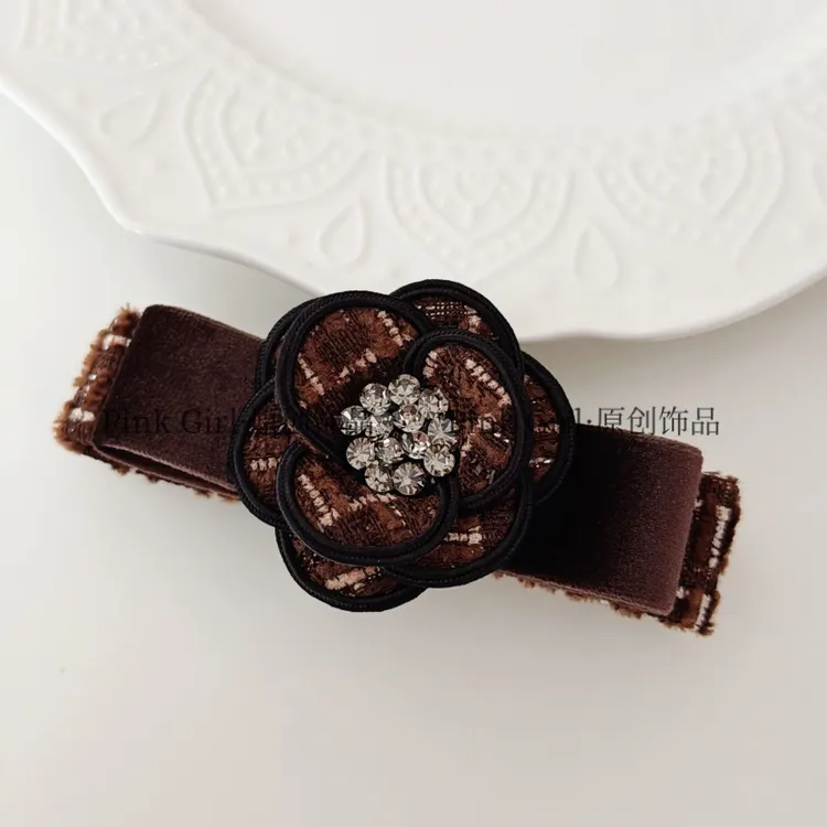 Pink Girl  T515秋冬丝绒咖色毛呢弹簧夹8cm高级感百搭发夹发饰