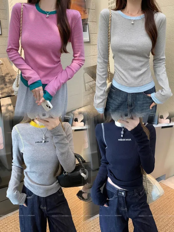 早春长产后辣妈圆领拼接哺乳期长袖修身显瘦喂奶打底衫可外穿