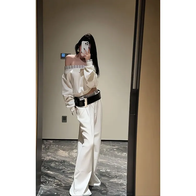 2025年春季美式辣妹拼接卫衣一字肩上衣松紧拼接腰头设计拖地裤