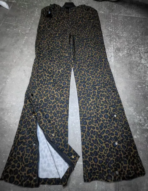 豹纹休闲风女士牛仔裤复古港风休闲长裤高弹力喇叭裤显瘦时尚百搭