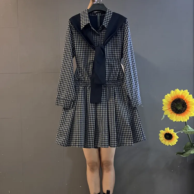 时尚甜美风POLO领复古格子拼接百褶裙收腰显瘦连衣裙