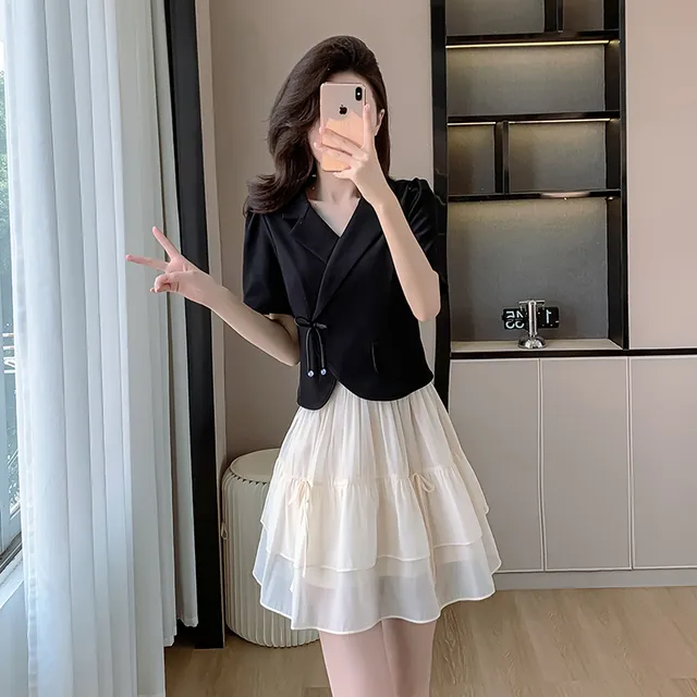夏装搭配一整套减龄短款小个子上衣法式蝴蝶结网纱半身裙两件套女