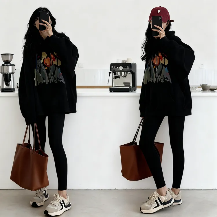 早秋黑色连帽卫衣女宽松显瘦秋冬韩版中长款宽松百搭时尚加绒上衣