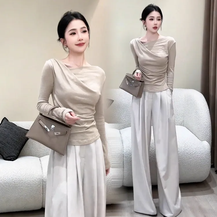 时尚气质套装女2025秋季新款高级感斜领露肩长袖T恤阔腿裤两件套