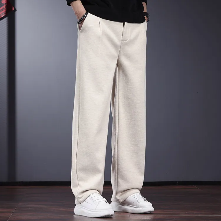 米杏色休闲裤男秋冬季厚款宽松直筒西裤浅色格雷系绵羊毛加绒裤潮