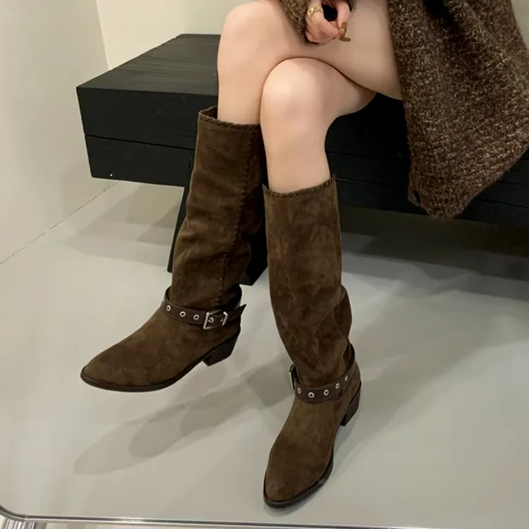 复古高筒靴棕色堆堆中筒长靴女鞋2025秋冬尖头西部牛仔长筒靴子
