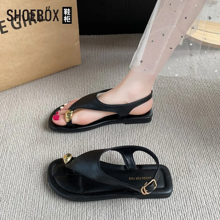 SHOEBOX/鞋柜绝美平底套趾凉鞋女2025新款夏季配裙子外穿罗马凉鞋